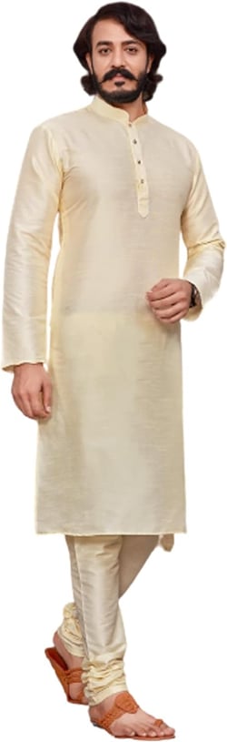 Indian Men's Regular Fit Banarasi Silk Collar Style Plain Kurta Pajama Set festival Puja Sherwani 2460 (cream, lxl)