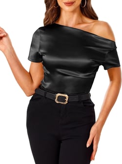 VIDUSSA Off Shoulder Tops for Women - Silk Satin Blouse Dressy Casual Short Sleeve Ruched Asymmetrical Summer Shirts Large Black