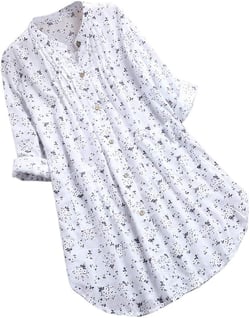 Long Sleeve Shirts for Women Floral Print Plus Size Tunic Tops Cotton Linen Loose Fit Casual Button Down Blouse T-Shirt XX-Large White