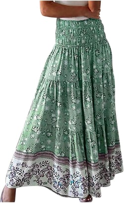 Boho Long Skirts for Women 2024 High Elastic Waist Retro Floral Print Maxi Skirts Flowy A-Line Flared Pleated Skirts XX-Large #B-green
