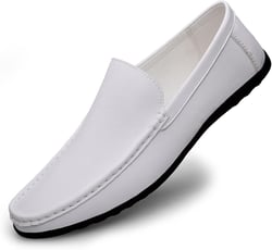 Men's Vintage Hand Stitched Leather Loafers Comfortable Slip On Soft Sole Moccasin Boat Shoes Stylish Casual Driving Walking Dress Flats for Business 10 White