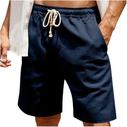 Men's Shorts Casual Beach Shorts Summer Hawaiian Shorts for Mens Cotton Linen Relaxed Fit Workout Pants Elastic Waist Navy Medium