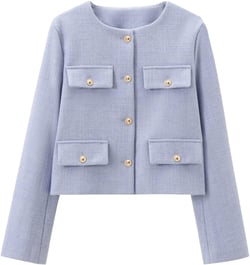 Xaspee Crop Tweed Blazer Jacket Women Collarless Open Front Button Down Business Work Casual Wool Jacket Coat Lt Blue Small
