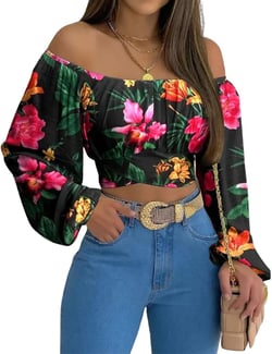 MIRACMODA Woman Off Shoulder Ruched Tie Back Crop Top Summer Lantern Sleeve Boho Shirt Blouse Large Tropical Print
