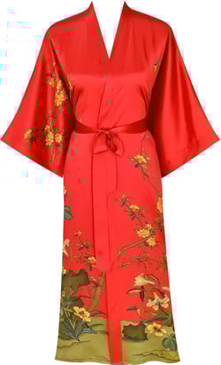 Women's Classic 100% Silk Kimono Robe, Bathrobe—Printed Pattern One Size Flower and Bird Red