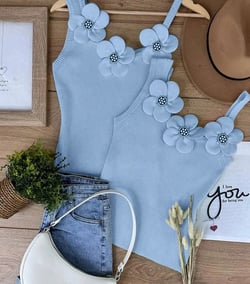Women Chic Solid Three Dimensional Decoration Floral Beading Tank Sleeveless Camis Crop Tops
