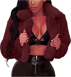 WKSCLPAI Fur Shawl for Women Winter Soft Comfy Furry Short Outfits Trendy Solid Color Cropped Coats Outerwear Faux Fur Jacket Women Dark Wine, X-Large