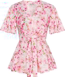 GRACE KARIN 2024 Women's Elegant V Neck Floral Peplum Tops Tie Front Short Bell Sleeve Shirts Tops Blouse White Pink Large