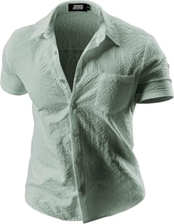 JOGAL Men's Casual Button Down Muscle Fit Shirts Short Sleeve Solid Lightweight Shirts Textured Summer Beach Wedding Shirts Medium Green