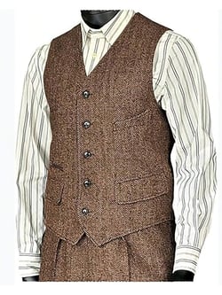 Vintage Men's Herringbone Wool Tweed Suit Vest Decorative Pocket Single Breasted Waistcoat