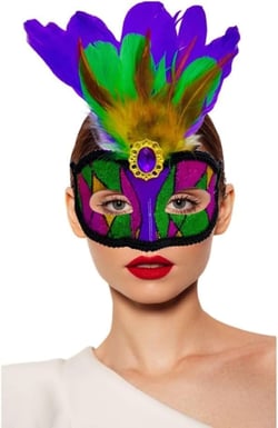Mardi Gras Masks with Feathers,Carnival Masquerade Outfit for Women Sequin Costumes Cosplay Party Favors Face Mask Green Purple