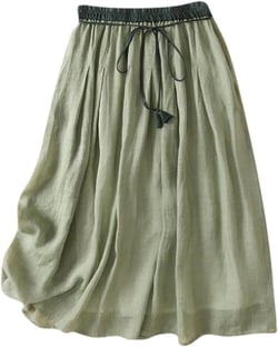 Cotton Linen Skirts for Women 2024 Summer A-Line Elastic Waist Front Strap Solid Skirt Embroidery Vintage Midi Skirts X-Large Green
