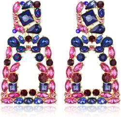 Flyonce Rectangle Dangle Earrings for Women, Rhinestone Crystal Geometric Statement Earrings Blue w/ Pink