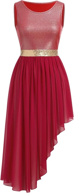 IBAKOM Praise Dance Dress Women Metallic Tank Top Sequin Waist Chiffon Skirt Worship Overlay and Tunic Liturgical Dancewear Red Medium