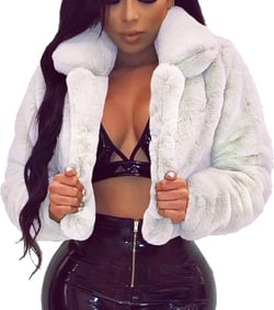 WKSCLPAI Faux Fur Jackets for Women Winter Warm Fluffy Fleece Crop Outerwear Oversized Soft Coats Jacket Trendy Short Tops White