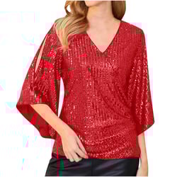 Srogem Sequin Tops for Women 3/4 Bell Sleeve V-Neck Cut-out Shiny Metallic Sparkly Glitter Party Tops Sexy Blouse