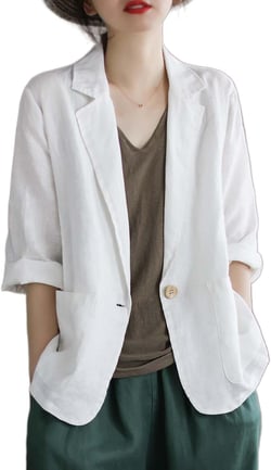 Cotton Linen Blazer Women 3/4 Sleeve Suit Jackets for Work Business Casual Lightweight Jacket Tops Large White