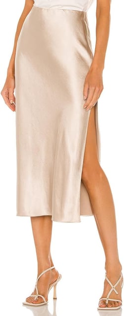 Midi Silk Skirt Women's Spring Summer Satin High Waist Side Split Ruffle A-line Long Skirts X-Large Beige