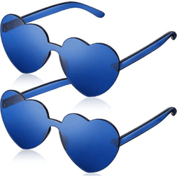 sieeck 2 Pieces Heart Shape Rimless Sunglasses Transparent Valentines Candy Color Frameless Glasses Love Eyewear Tinted Eyewear for Women Party Favor - Dark Blue