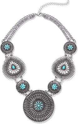 NLCAC Turquoise Statement Necklace Boho Squash Blossom Concho Pendant Collar Bib Necklace Western Turquoise Jewelry for Women