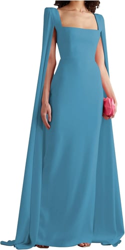 Women's Cape Sleeves Elegant Dress Square Collar Satin Long Sheath Formal Wedding Guest Dress with Back Slit Blue 16