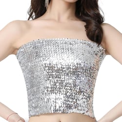 Women's Sequin Tube Top Stretchy Sleeveless Crop Tops Metallic Sparkly Tube Tops for Halloween Party Clubwear Silver