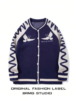 Autumn Winter Unisex Loose Casual Vintage Graffiti Striped Dove Pattern Color Block Round Neck Button Up Knit Cardigan Sweater Jacket