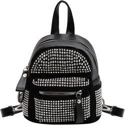 Casual Rhinestone Mini Backpack Gothic Daypack Purse Studded Faux Leather Small Travel for Women Ladies, Silver A-silver