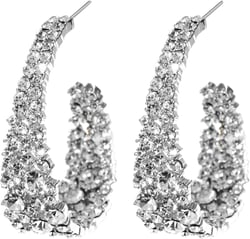 Crystal hoop earrings women's bright silver plated oval inner and outer earrings, sparkling earring jewelry、Crystal fashion earrings versatile party gifts White-gold