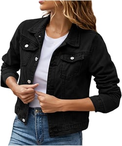 Womens Juniors Denim Jacket Distressed Long Sleeve Jean Jacket Slim Fit Basic Button Down Trucker Denim Fall Clothes Medium Black