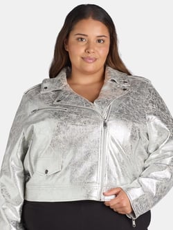 Terra & Sky Black Label Women's Plus Size Faux Leather Metallic Jacket, 0X-5X