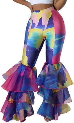 Angsuttc Flare Pants for Women Ruffle Hem Bell Bottom Tie Dye High Waisted Skinny Pants Small Rose&blue