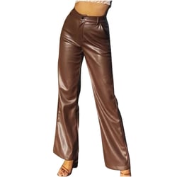 Owordtank High Waist Faux Leather Solid Color Casual Pants for Women Stretchy Trouser