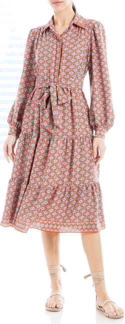 Max Studio Women's Long Sleeve Collared Waist Front Tie Tiered Midi Shirt Dress Small Persimmon Lava Lamp