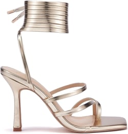 GENSHUO Women's heeled Sandals Stiletto Strappy Heels Sexy Open Square Toe Lace up Stilettos Party Wedding Dress Shoes 9.5 Gold a