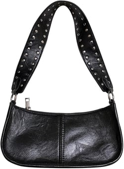 Womens Leather Shoulder Bag Small Y2K Purse Handbag Mini Crossbody Going Out Bags with Studded Decor Straps Black