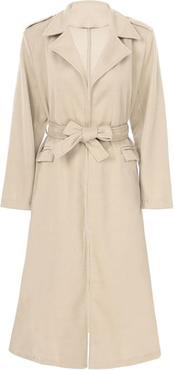 Womens Casual Long Trench Coat Open Front Lapel Overcoat Windproof Classic Peacoat with Self-Tie Belt X-Large Beige