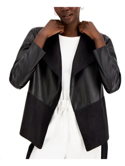 ALFANI Womens Black Faux Leather Faux Suede Shaw Collar Jacket Size: M