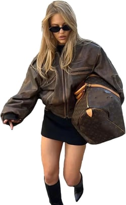 Women Pu Leather Zipper Bomber Jacket For Casual O-Neck Pocket Long Sleeve Street Coats Outerwear Small Brown