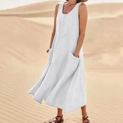 TIANEK Dresses for Women White Maxi Dresses Summer Casual Solid Color Sleeveless Cotton Linen Long Dress Bohemian Dress