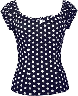 YARN & INK Women's Pinup Shirt 1950s Vintage Rockabilly Puff Sleeve BowBlouse Off Shoulder Tops 4X-Large Polka Dot Blue