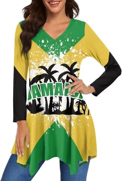 POLERO Women Long Sleeves Tunic Shirt Dress with Cute Print Holiday Tops V Neck Irregular Hem Blouses S-6XL Jamaica Flag Text 5X-Large