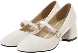 Women's Classic Patent Leather Chunky Heel Mary Jane Adjustable Buckle Low Block Heel Elegant Pumps Closed Square Toe Comfortable Uniform Wedding Dress Shoes 4 White