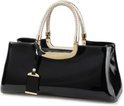 HOXIS Glossy Faux Patent Leather Structured Shoulder Handbag Women Evening Party Satchel Black