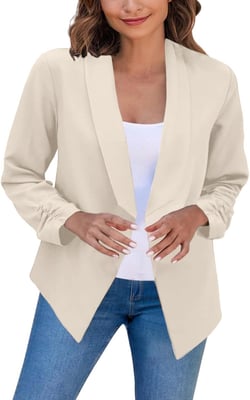 Women Casual Suit Jacket Classic Lapel Slim Fit Solid Color Cardigan Coat Comfy Lightweight Formal Business Work Coat Large Beige