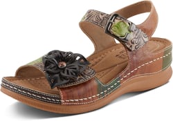 Spring Step L'Artiste Women's JENELLA Hand-Painted Leather Sandals | Chic Floral Embellishments and Customizable Fit 8.5 Brown Multi