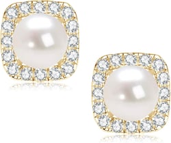 Pearl Stud Earrings for Women, Sterling Silver Dainty Pearl Earrings with Cubic Zircon, Pearl Wedding Jewelry Gift for Bride Bridesmaid Style 1 gold