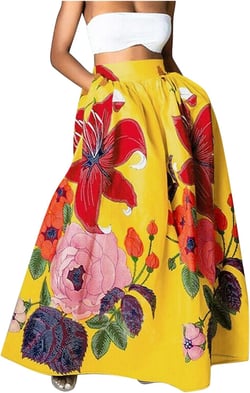 Miyaomn Women's Fashion Boho Floral Maxi Skirt Loose Mopping Floor Length Big Hem High Waist Pleated Beach Skirt with Pockets A - Yellow Medium