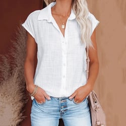 Ayolanni White Short Sleeve Shirt Shirts for Women Summer Casual Cotton Linen Short Sleeve T Shirt Loose Fit Button Down Lapel Solid Color Tees