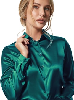 Women's Blouse Satin Silk Shirts, Casual Loose Long Sleeve for Office Work, Corporate Outfit Clothes Large Emerald Green